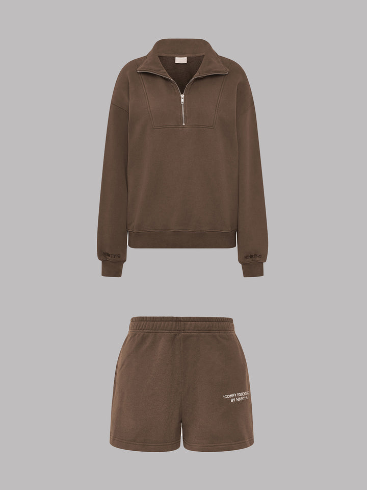 SET - ESSENTIALS - HALF-ZIP SWEATER AND SHORTS • BROWN