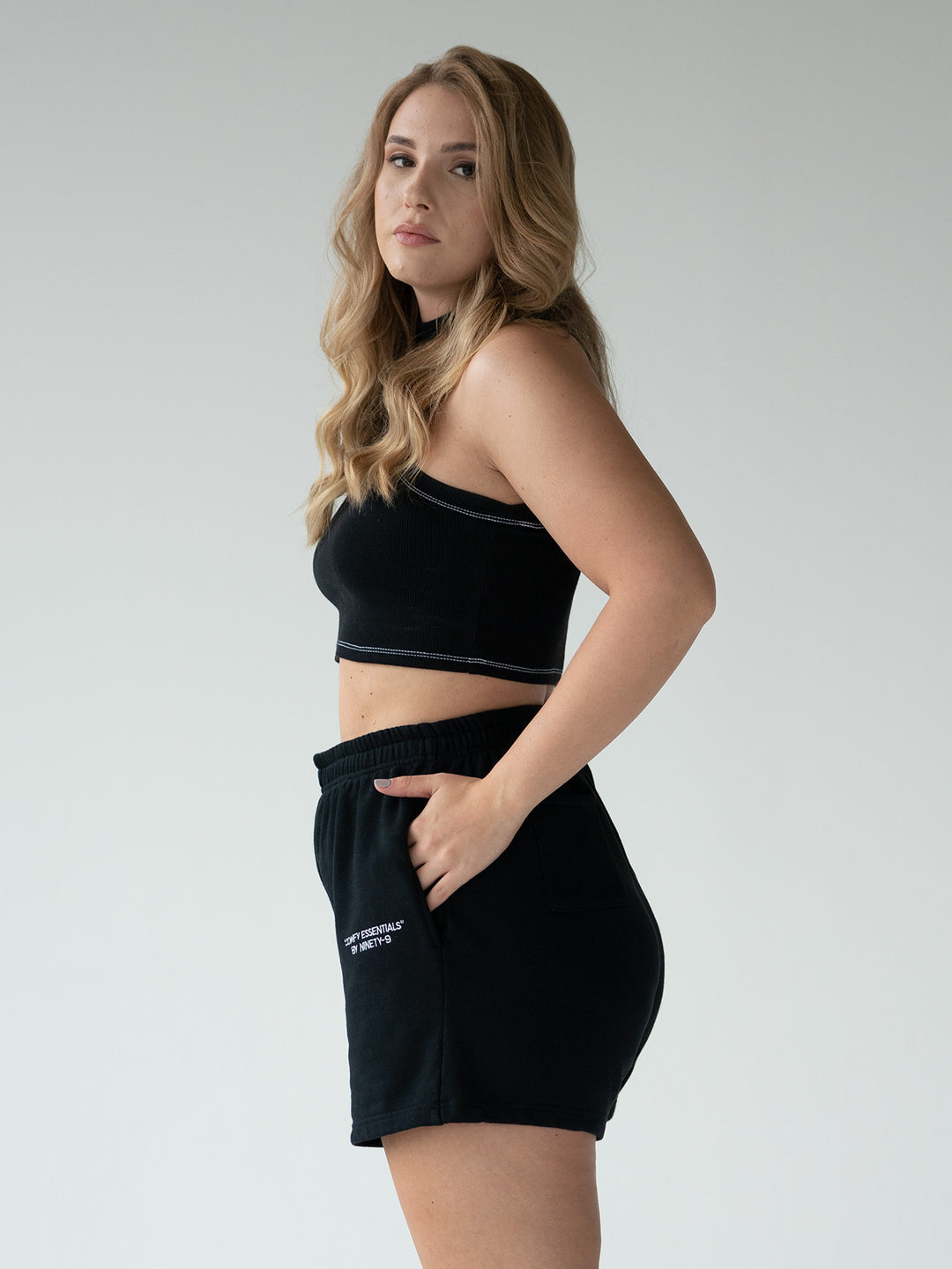 SET - ESSENTIALS - RIBBED CROPPED TOP AND SHORTS • BLACK