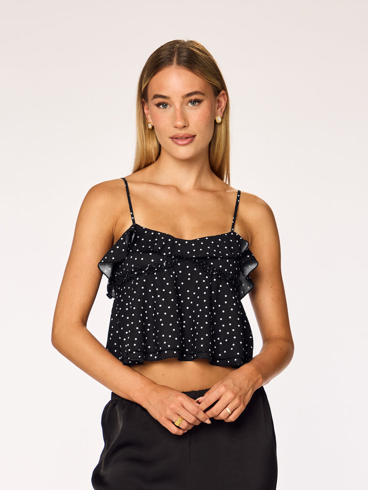 LIVA - Ruffle Top • Black Polka Dot