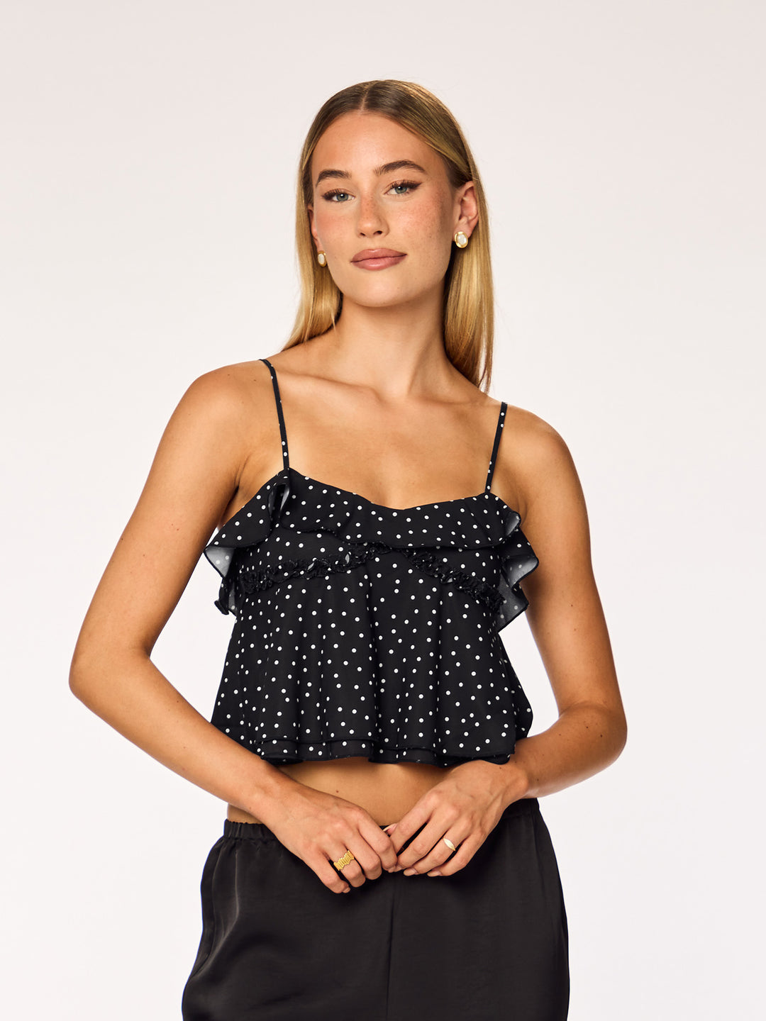 LIVA - Ruffle Top • Black Polka Dot