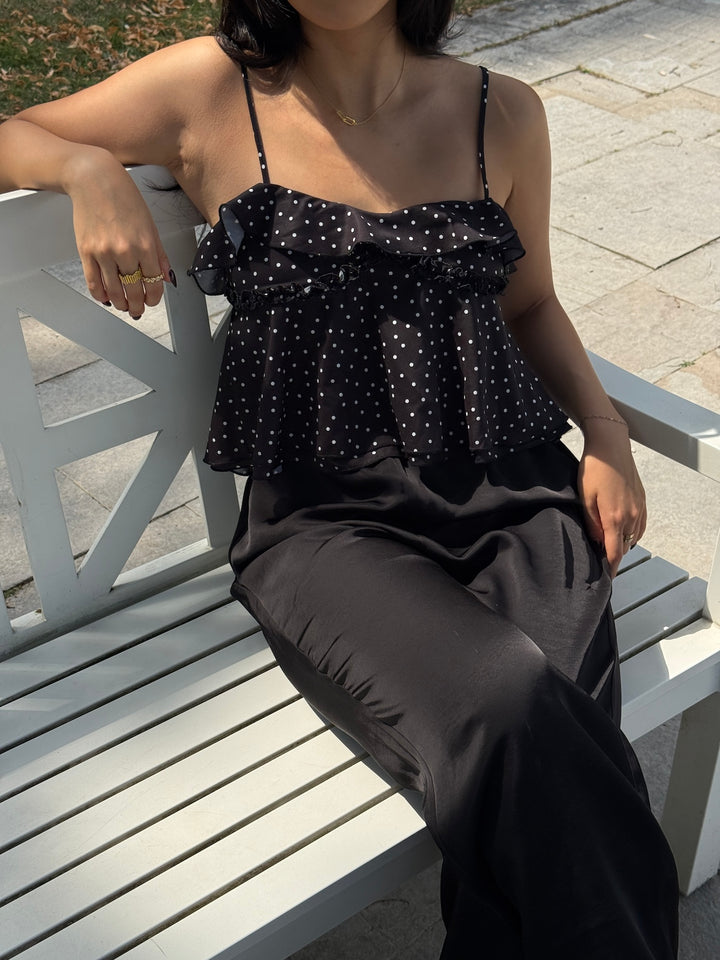 LIVA - Ruffle Top • Black Polka Dot
