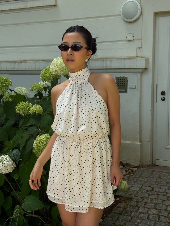 LIVA - Neckholder Playsuit • Ivory Polka Dot