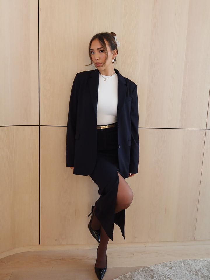 SET - BLAZING OVERSIZED BLAZER AND MIDI SLIT SKIRT • Midnight Blue