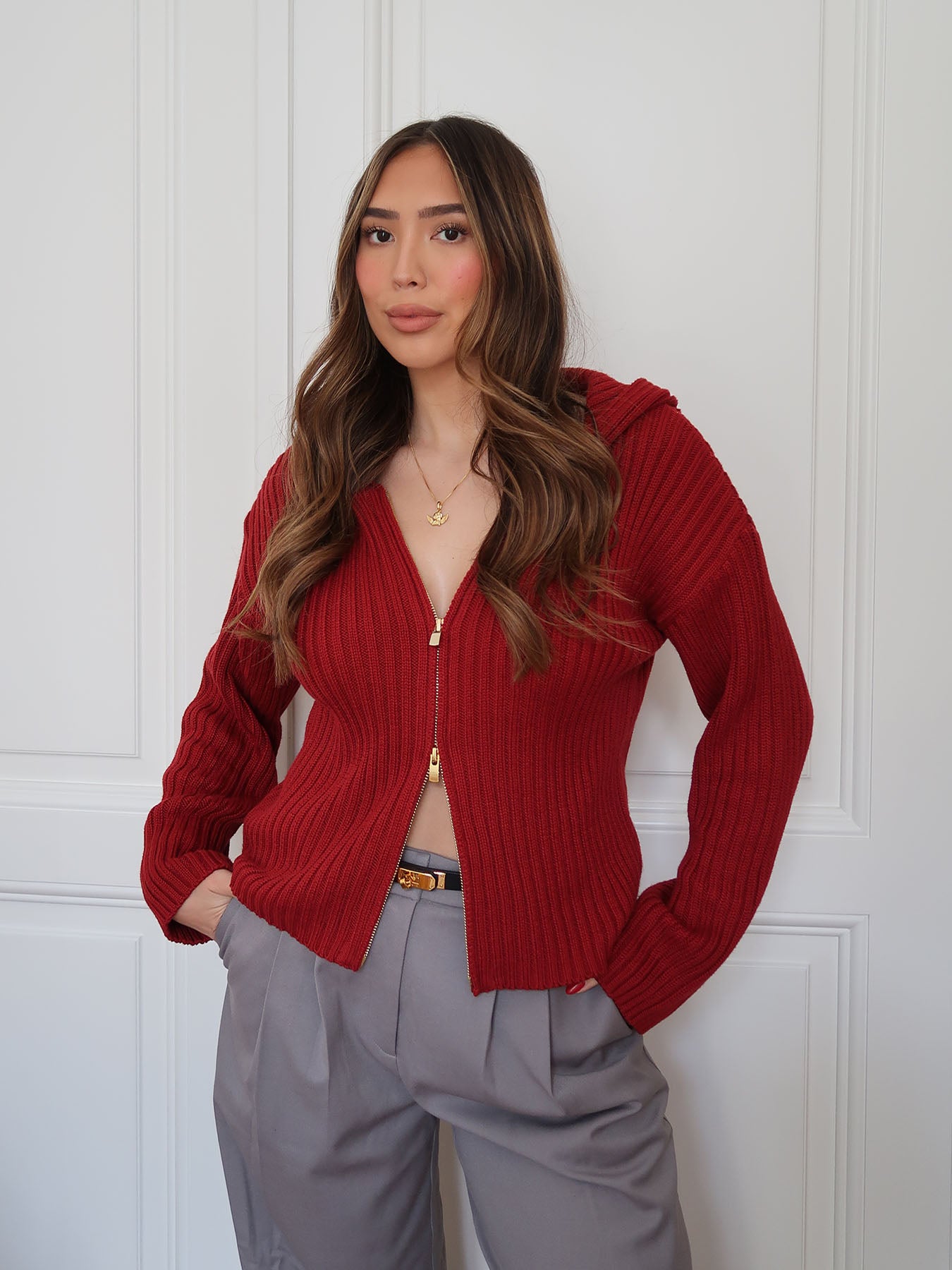 Red cardigan with hood outlet