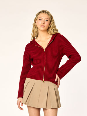 KNITTED - Zip-Hood Cardigan • Bordeaux