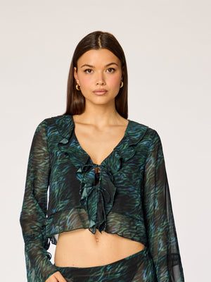 ROMANTIC - Sheer Longsleeve Volant Blouse • Dark Jungle
