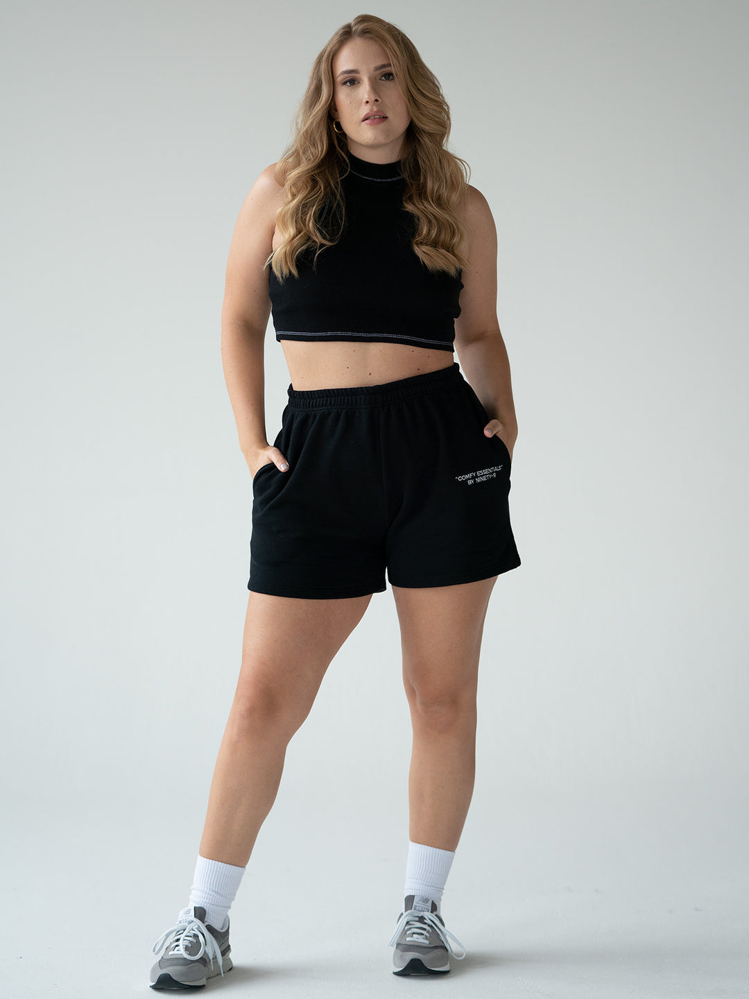 SET - ESSENTIALS - RIBBED CROPPED TOP AND SHORTS • BLACK
